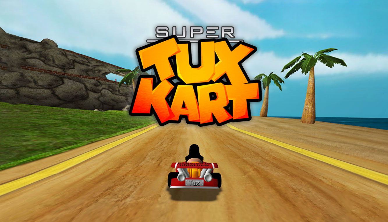 Écran titre de SuperTuxKart : un kart qui roule sur une piste de sable